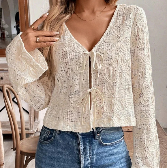 Women's Fall Front Tie Long Sleeve Cropped Casual Blous - Picture 3 of 6